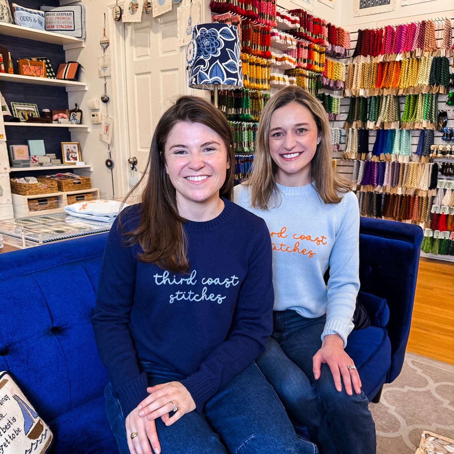 Third Coast Stitches Chainstitched Sweater: Light Blue & Orange
