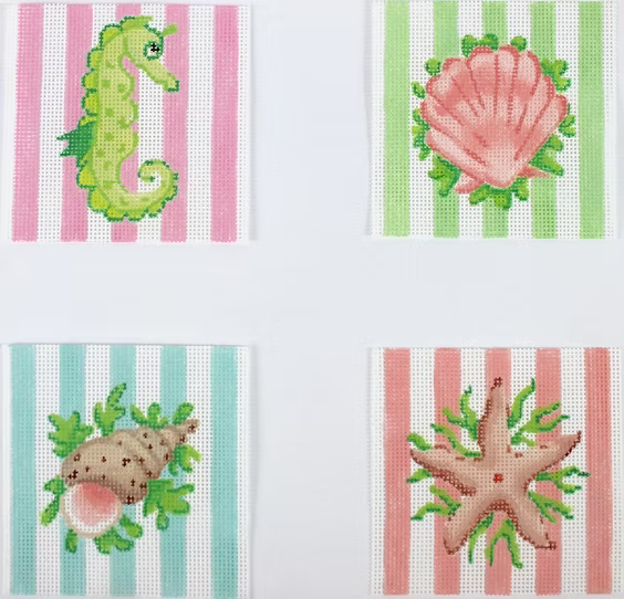 Set of 4 Planet Earth Coaster Inserts – Sea Creatures on Pastel Cabana Stripes