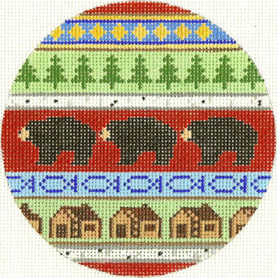 Bear and Cabins Ornament 4.25 circle