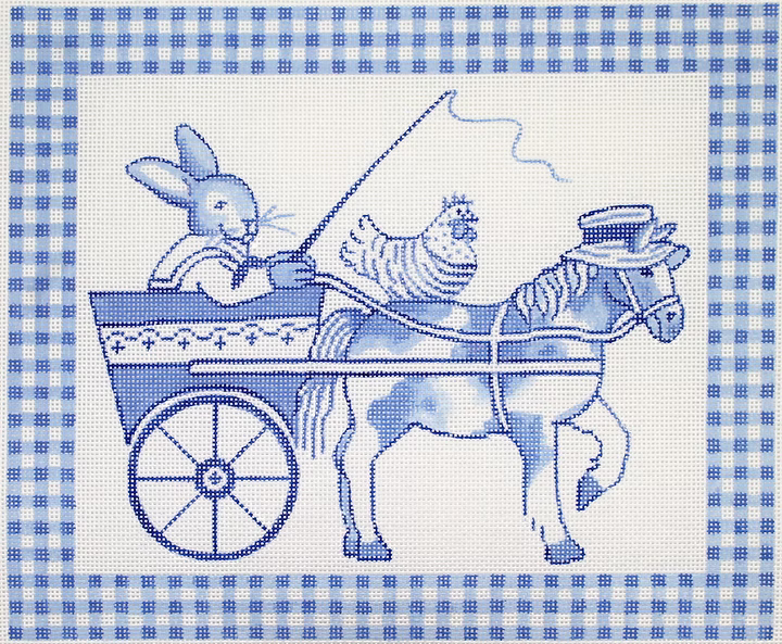 Kelly Rightsell – Blue Toile Bunny in Cart with Horse & Hen, Blue Gingham