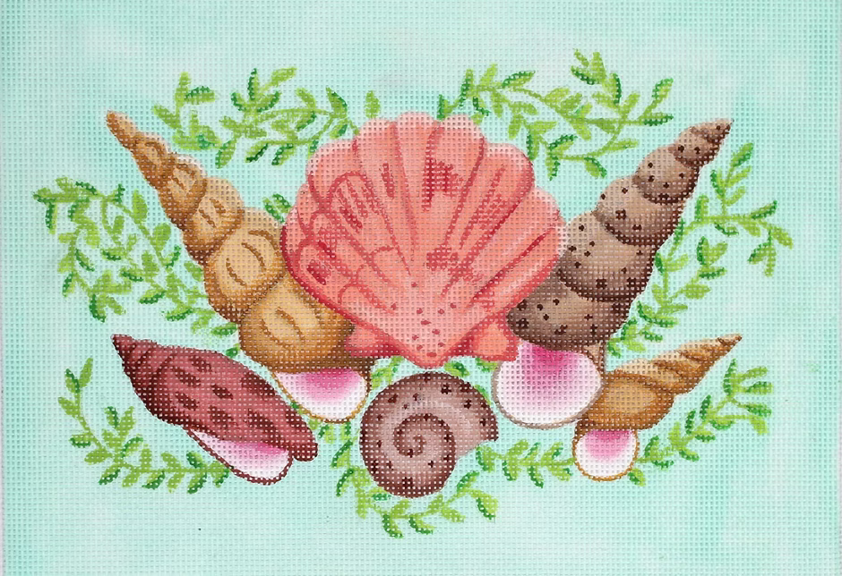 Clutch – Mixed Shells Rectangle – aqua bkgd.