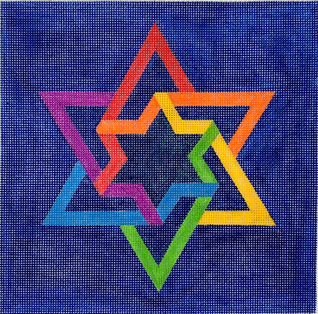 Tefillin Bag – Double Interlocking Star of David – rainbow colors on deep blue