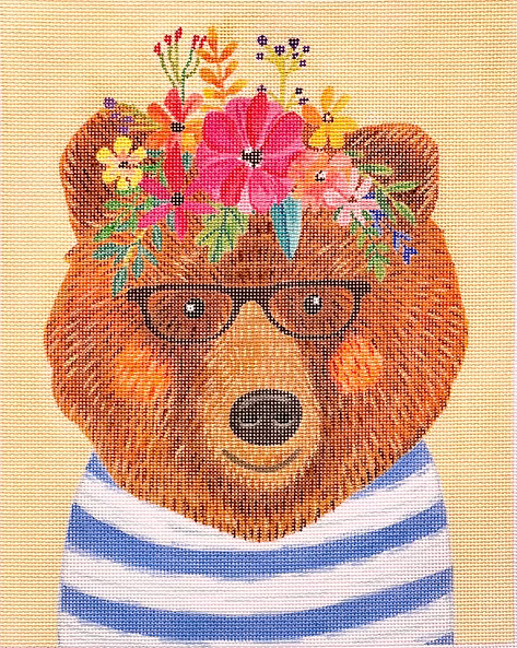 Mia Charro – Bear in Striped Shirt w/ Glasses – on creamy yellow