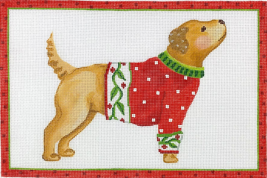 Sally Eckman Roberts – Yellow Dog in Sweater – yellow ochres, greens & reds