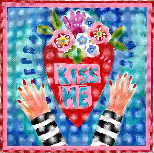 Julia Eves – “Kiss Me” Heart w/ Flowers & Hands – on blue/green background