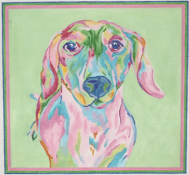 Megan Carn Dachshund – pinks, blues and greens on light green