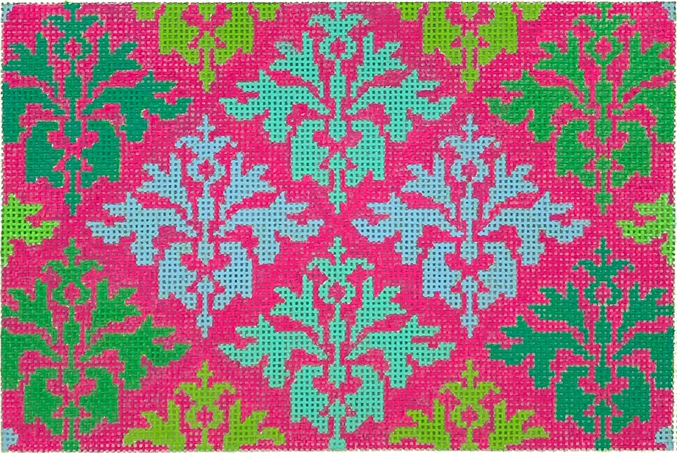 Clutch – Wallpaper Damask – blues, turquoise & greens on raspberry