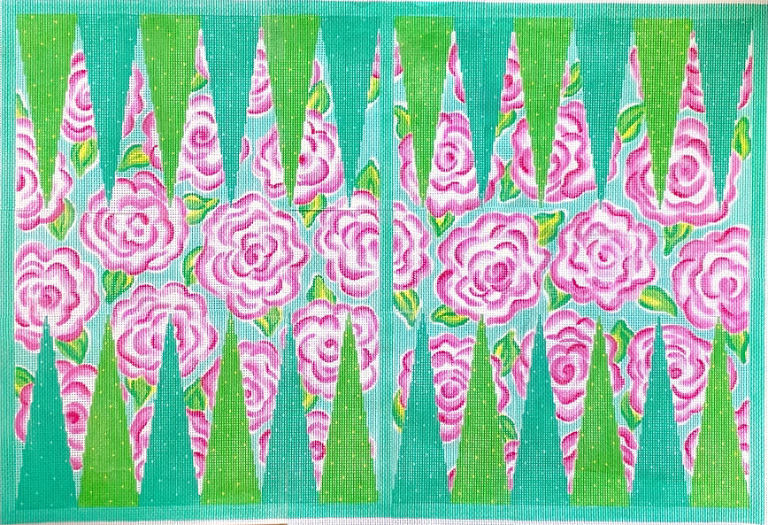 Backgammon Board Canvas – Lilly-inspired Roses – pinks, greens & turquoise 13 mesh