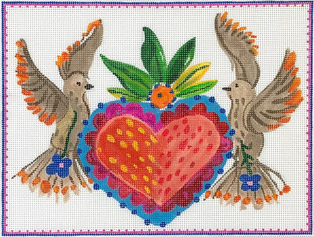 Carolyn Gavin – Doves w/ Heart Milagro – multi color (on 13 mesh)