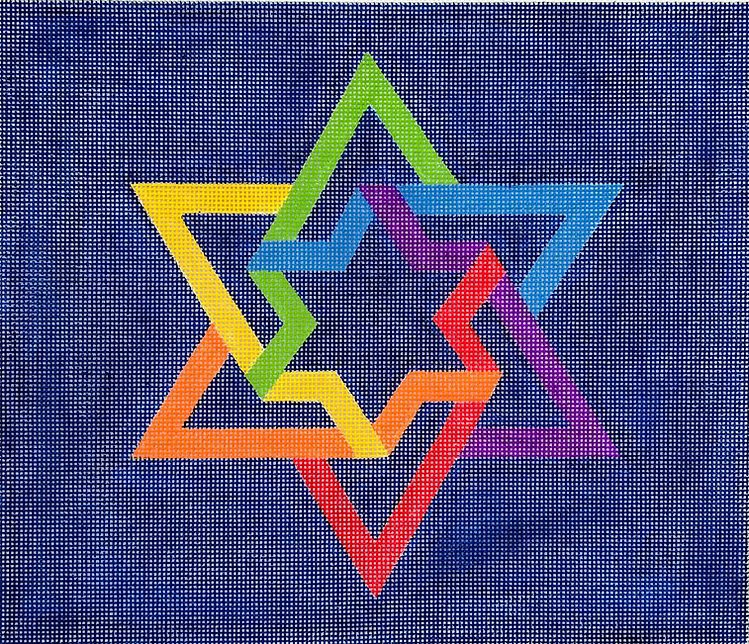 Tallis Bag – Double Interlocking Star of David – rainbow colors on deep blue