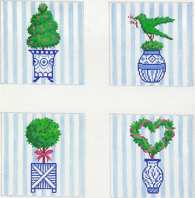 Set of 4 Coasters – Topiaries w/ Pink Accents in Blue & White Pots on Light Blue Stripes