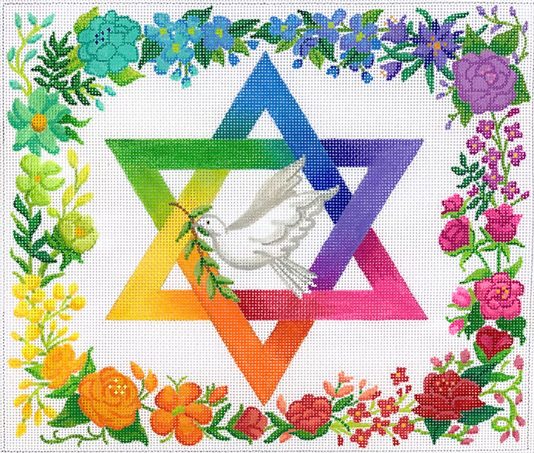 Tallis Bag – Rainbow Floral Star of David with Dove – multi on white