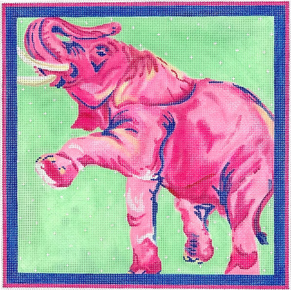 Megan Carn – Fuchsia Prancing Elephant in Light Green - pinks, blues & greens