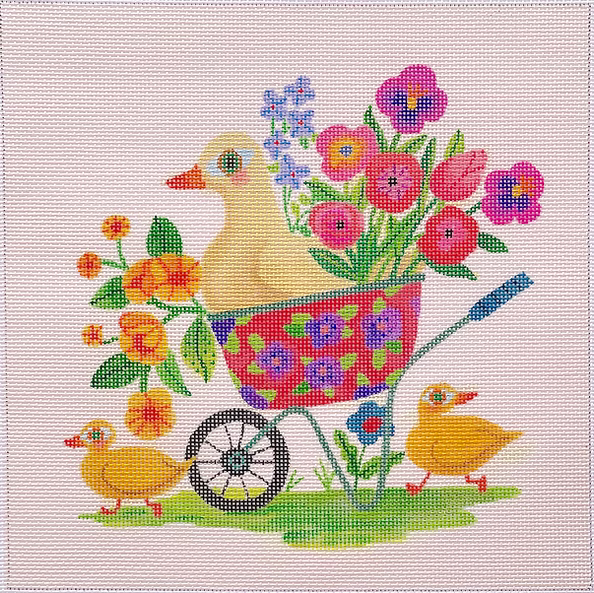 Shannon Snow – Spring Wheelbarrow w/ Ducks & Flowers – on cream
