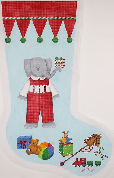 Kelly Rightsell Stocking – Elephant Boy in Red Overalls