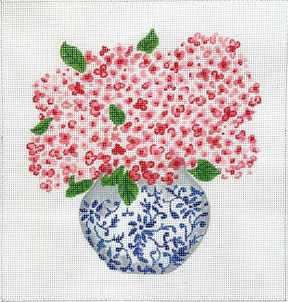 Lindsay Brackeen – Blue Chinoiserie Pot w/ Pink Hydrangeas