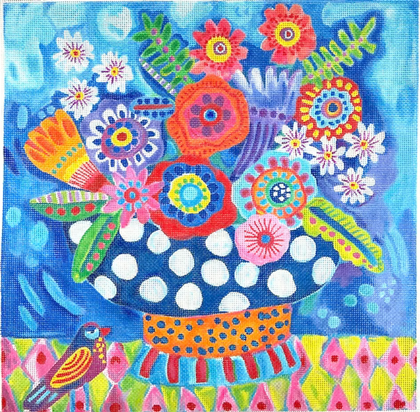 Julia Eves – Bright Flowers in Blue Polka Dot Vase w/ Bird & Diamond Tablecloth