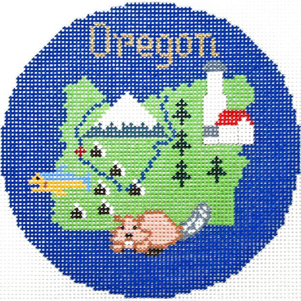 Oregon Ornament 4 rnd 18M – Mt. Hood, Heceta Head Lighthouse, Chinook Salmon, Cascade Range