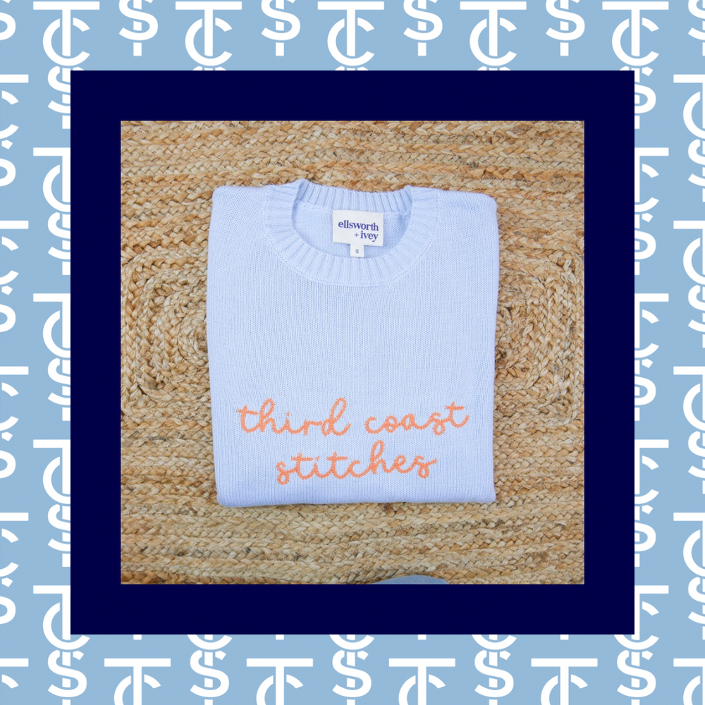 Third Coast Stitches Chainstitched Sweater: Light Blue & Orange