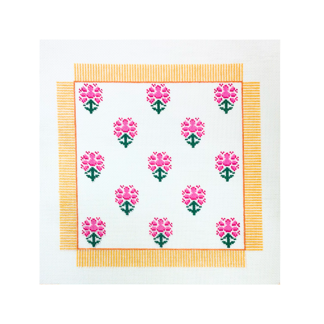Block Print with Stripe Needlepoint Canvas - Pink with Yellow Stripe