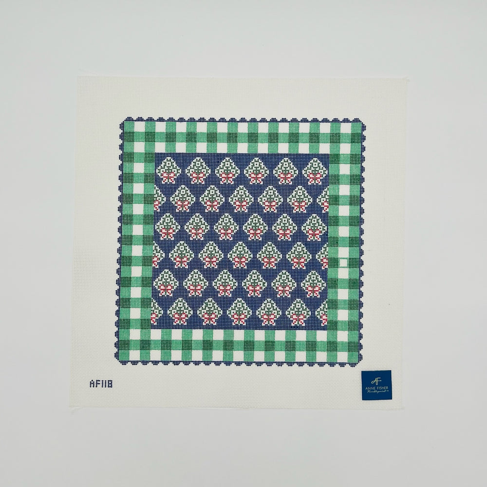 Blue Holiday Pillow w/Green Gingham