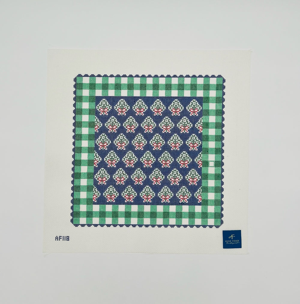 Blue Holiday Pillow w/Green Gingham