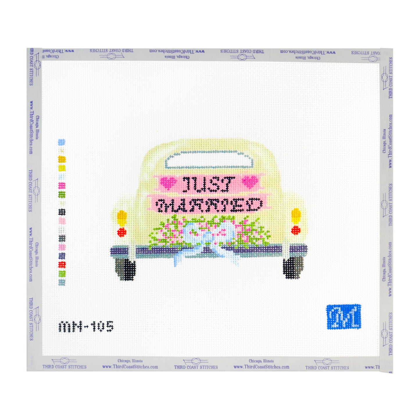 Just Married Car with Blue Bow